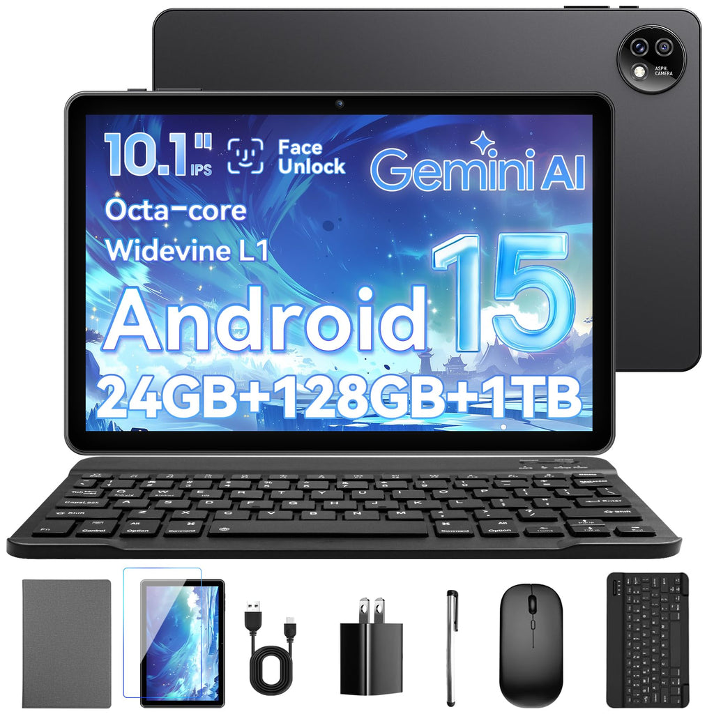 10.1 Inch Android 15 Tablet, 24GB RAM 128GB ROM, 1280 x 800 HD Display, 6000mAh Battery, 5MP+8MP Camera (Black) V157