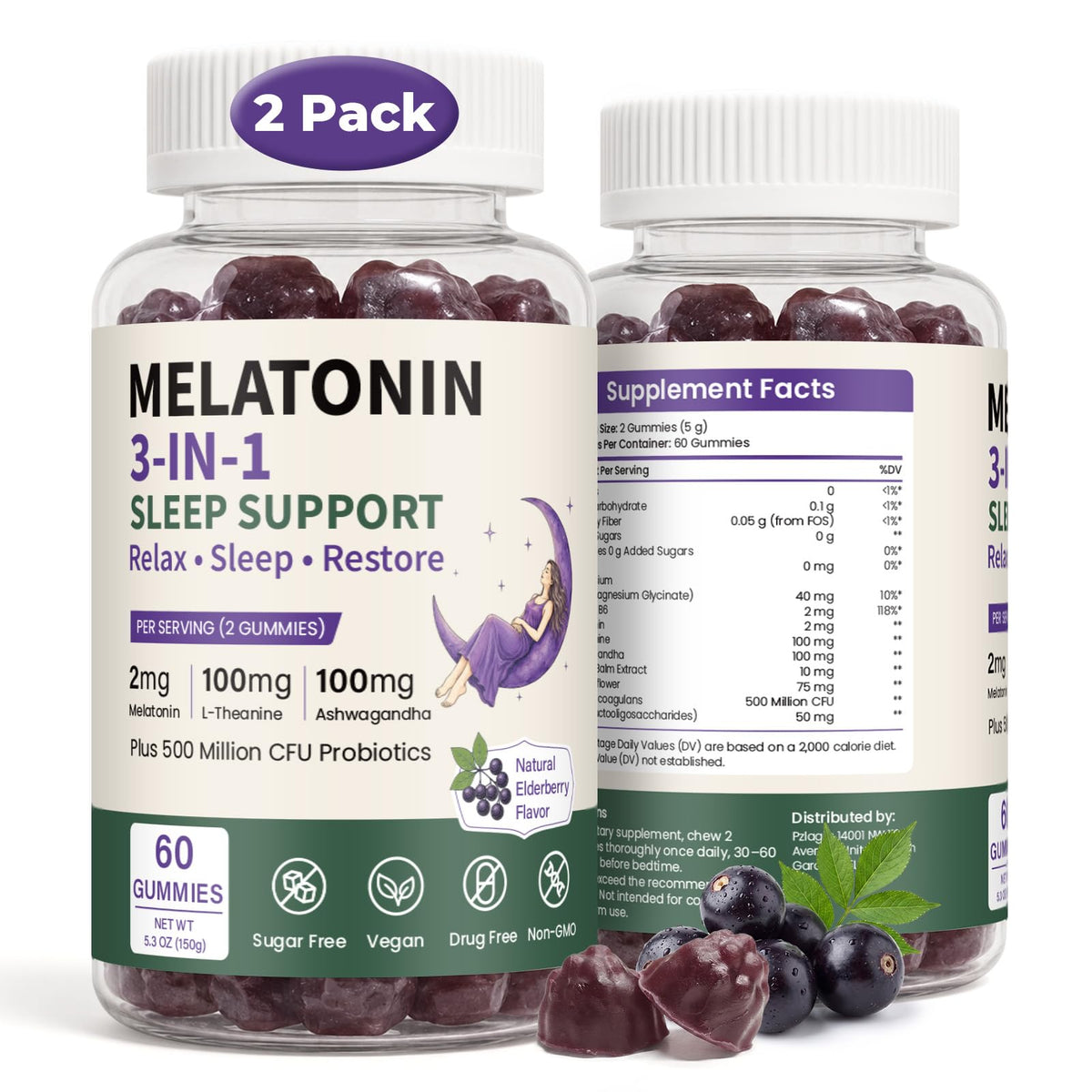 Melatonin Calm Sleep Gummies 2mg Elderberry Flavor 60*2 Bottles Q48623
