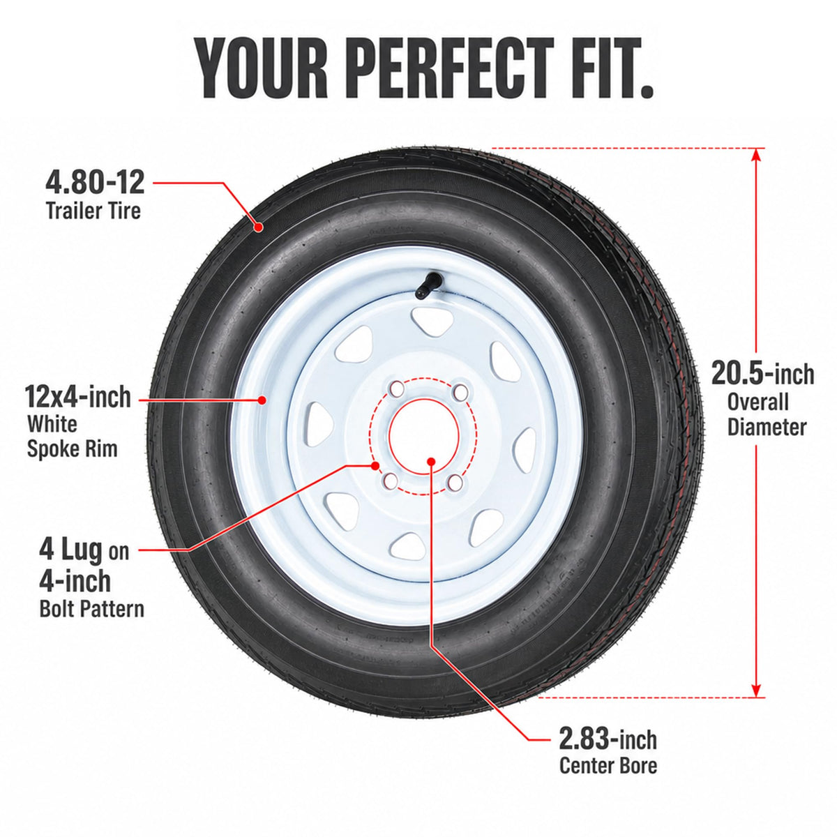 2-Pack Trailer Tire Rim Assembly 4.80-12 White 4 Lug R929