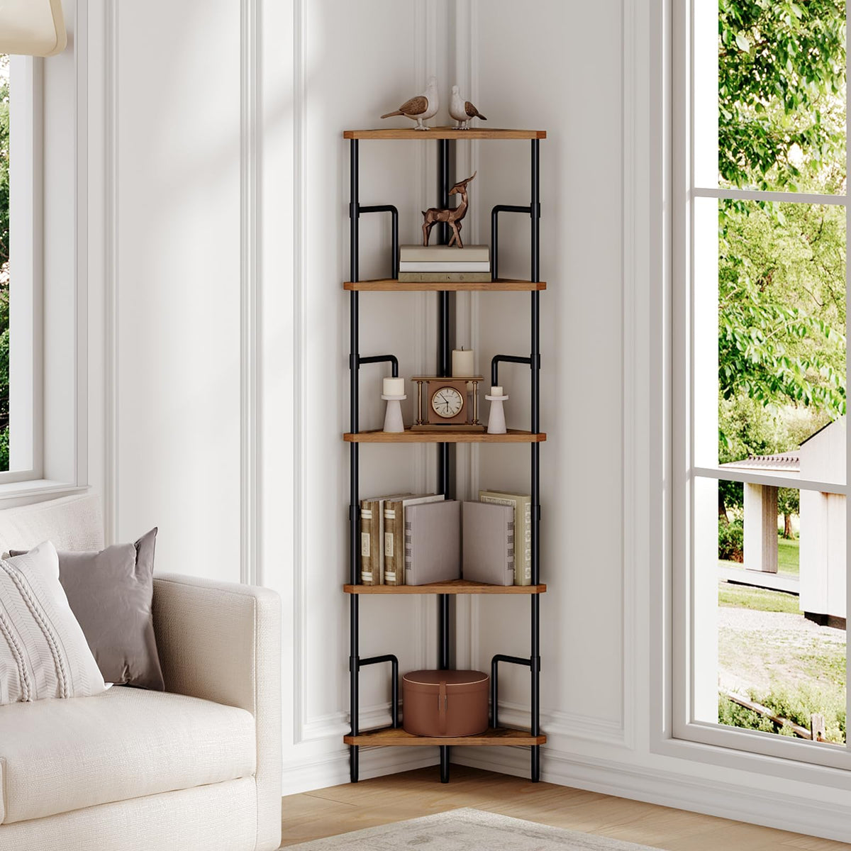 5-Tier Tall Corner Bookshelf with Metal Frame R3553
