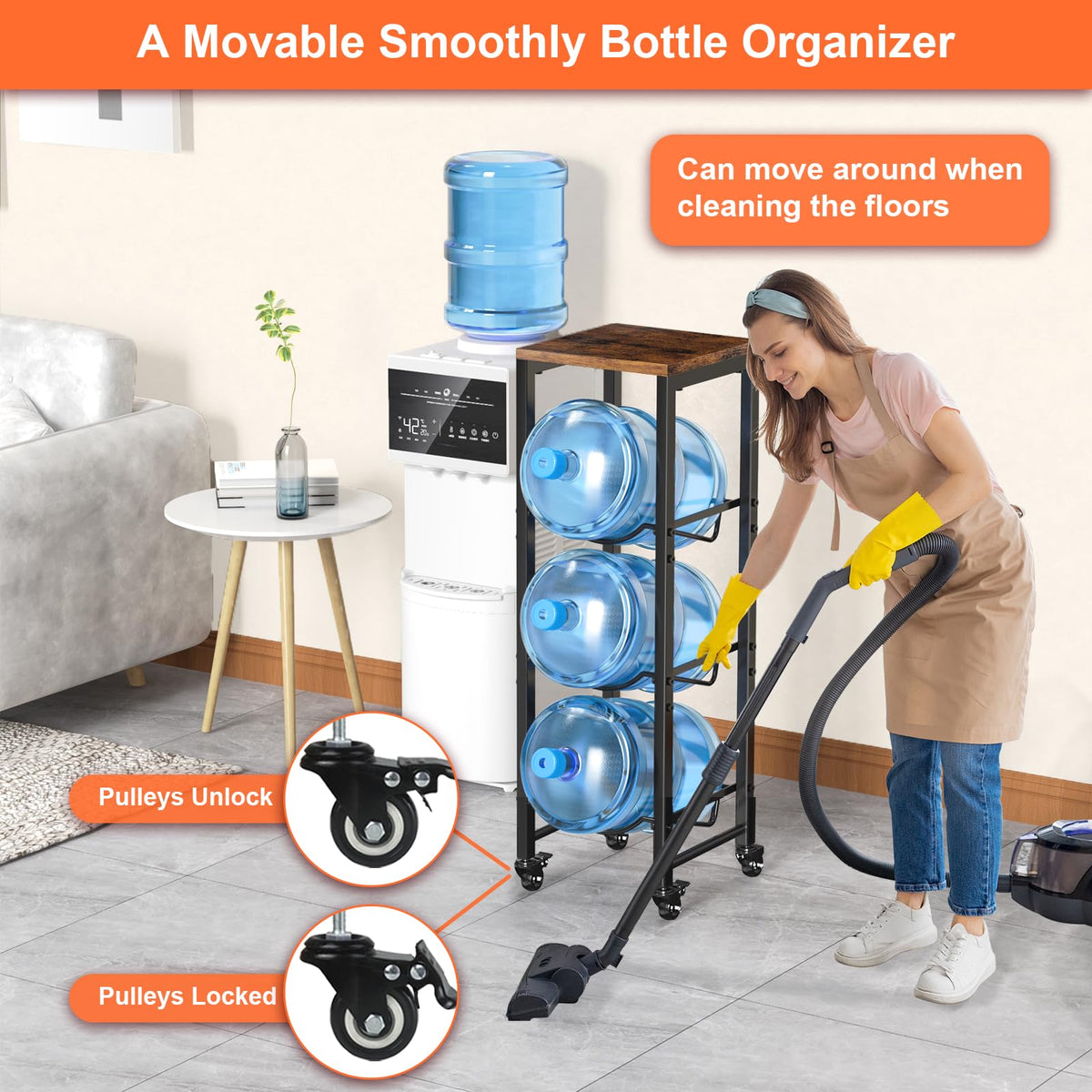 5 Gallon 3-Tier Water Bottle Holder with Lockable Casters Brown Z104