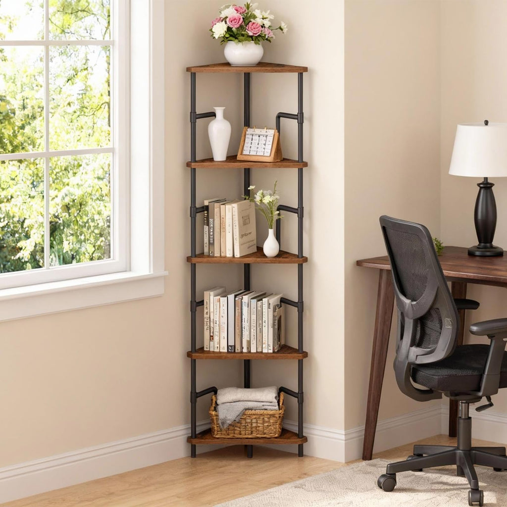 5-Tier Tall Corner Bookshelf with Metal Frame R3553
