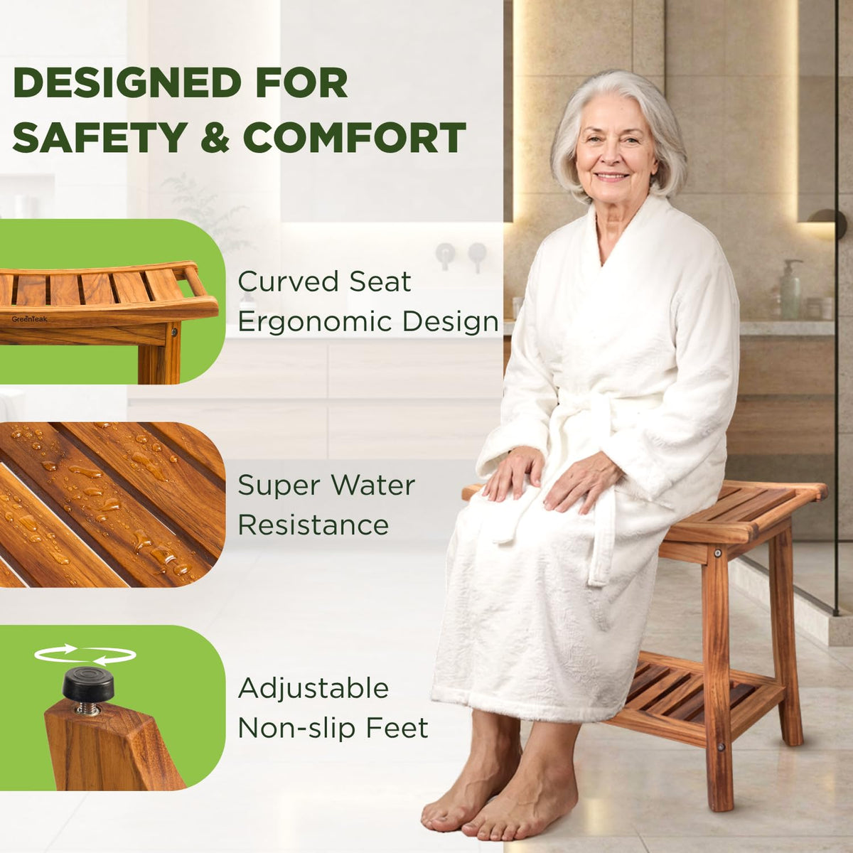 22" Teak Wood Shower Bench with Shelf & Handles L523099