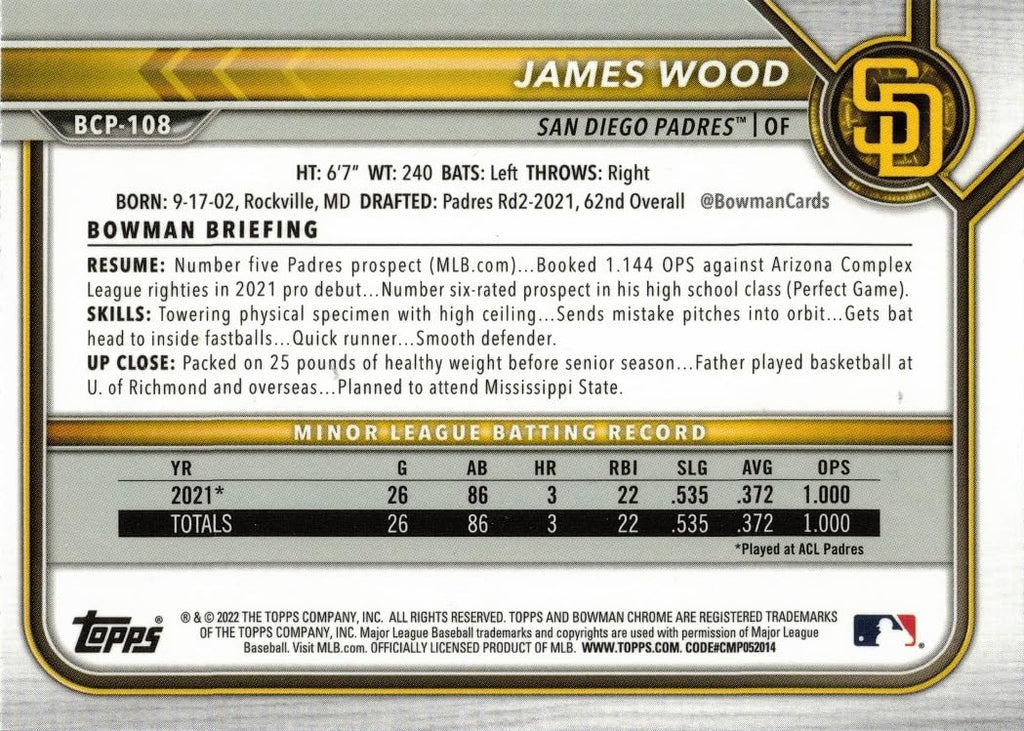 2022 Bowman Chrome Prospects Mega Box Mojo Refractor Baseball #BCP-108 James Wood Pre-Rookie Card P385794