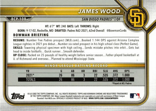2022 Bowman Chrome Prospects Mega Box Mojo Refractor Baseball #BCP-108 James Wood Pre-Rookie Card P385794