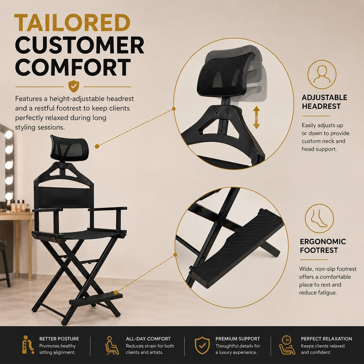 Gold Extra Tall Foldable Makeup Chair I214623