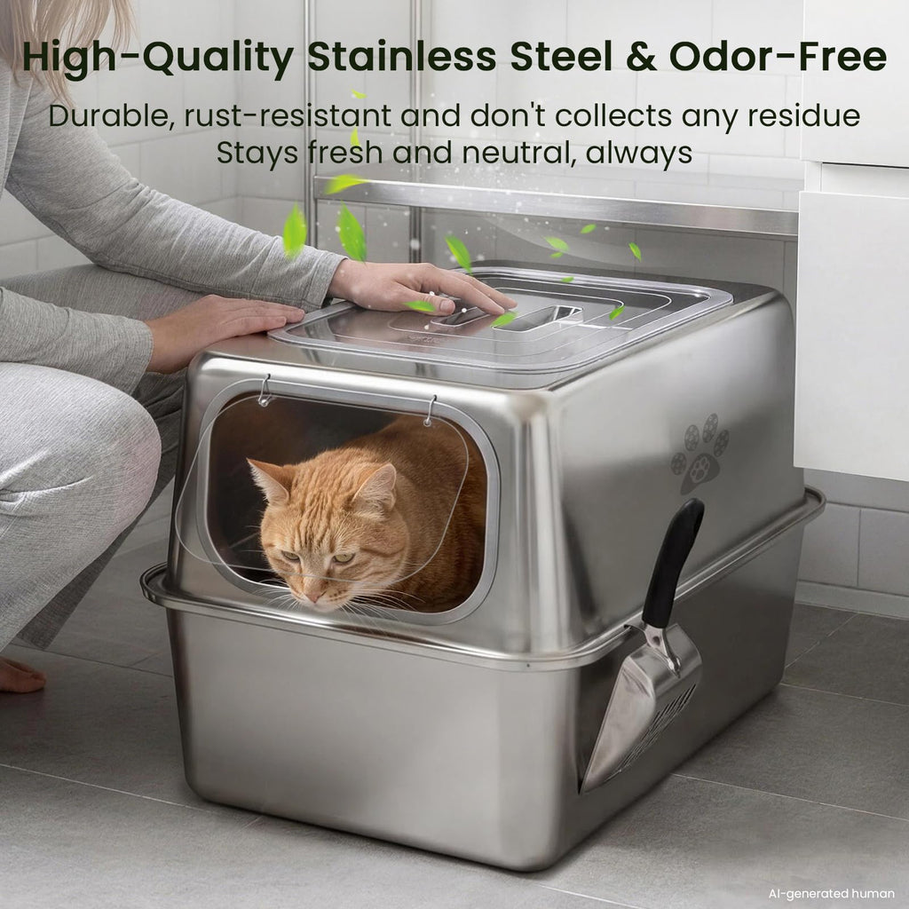Enclosed Stainless Steel Cat Litter Box with Lid X759391