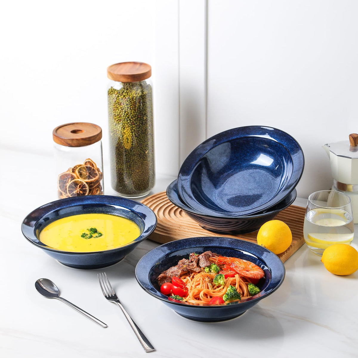 Blue 27oz Ceramic Soup Bowls Set of 4 Y3508