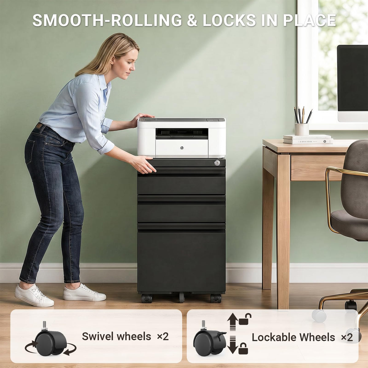Black 3 Drawer Mobile File Cabinet with Lock M2855