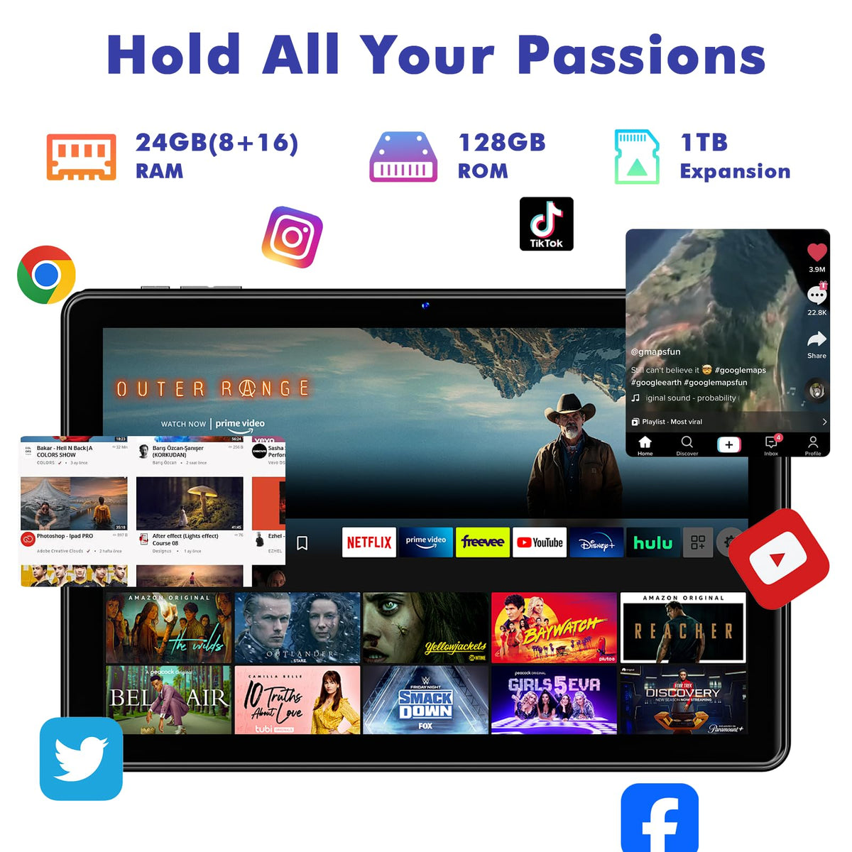 10.1 Inch Android 15 Tablet, 24GB RAM 128GB ROM, 1280 x 800 HD Display, 6000mAh Battery, 5MP+8MP Camera (Black) V157