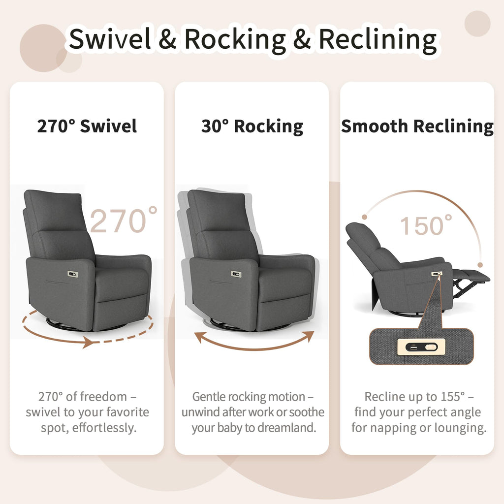 29" Electric Power Swivel Rocking Recliner Chair Dark Gray C425