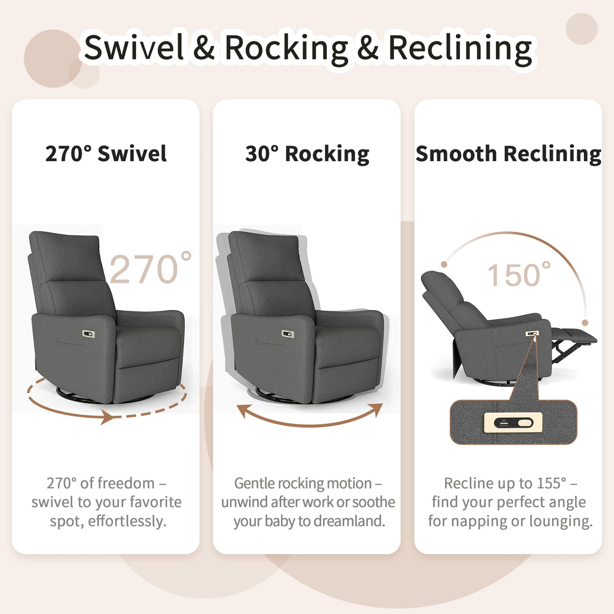 29" Electric Power Swivel Rocking Recliner Chair Dark Gray C425