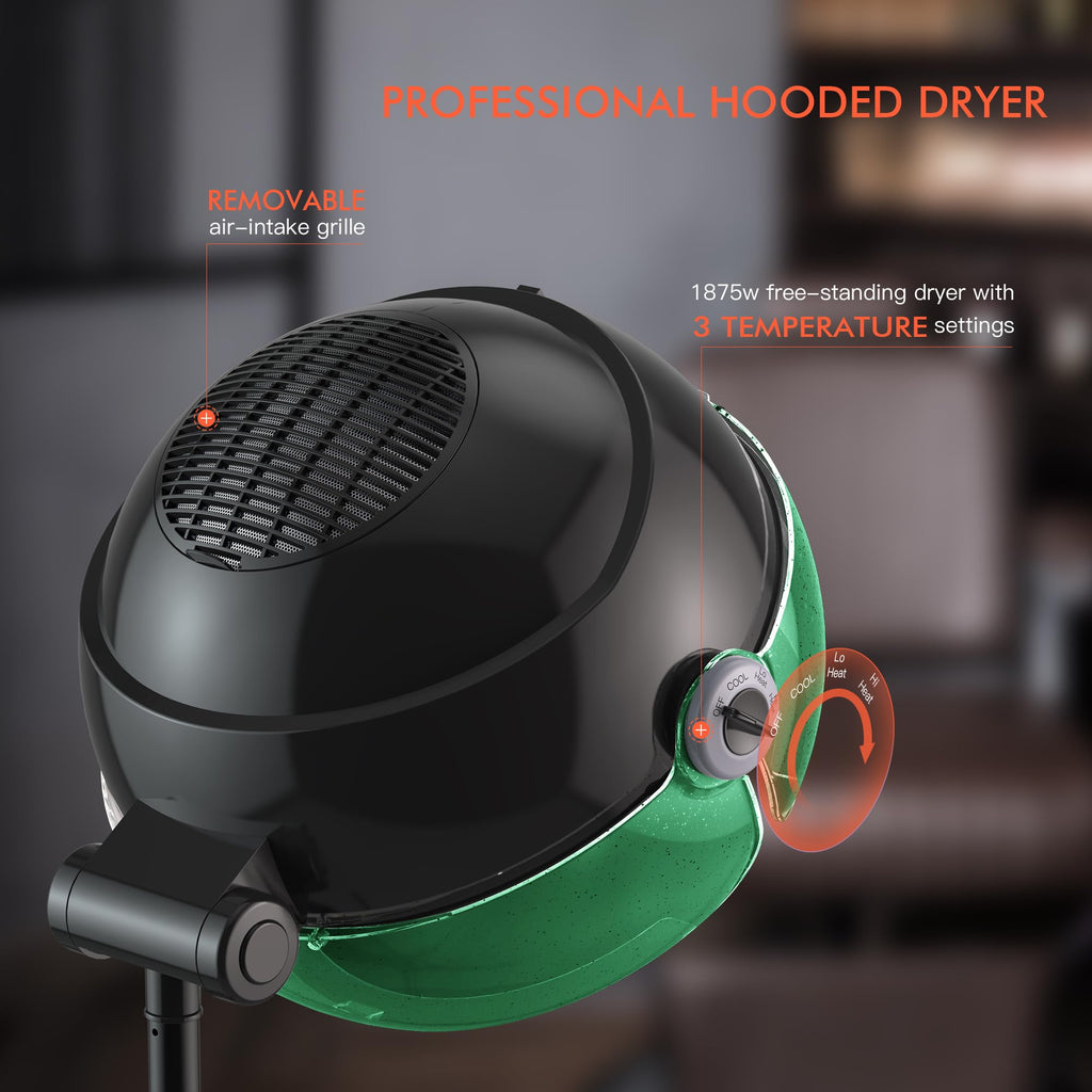 1875W Ionic Hooded Hair Dryer with 3 Temperature Settings I9884