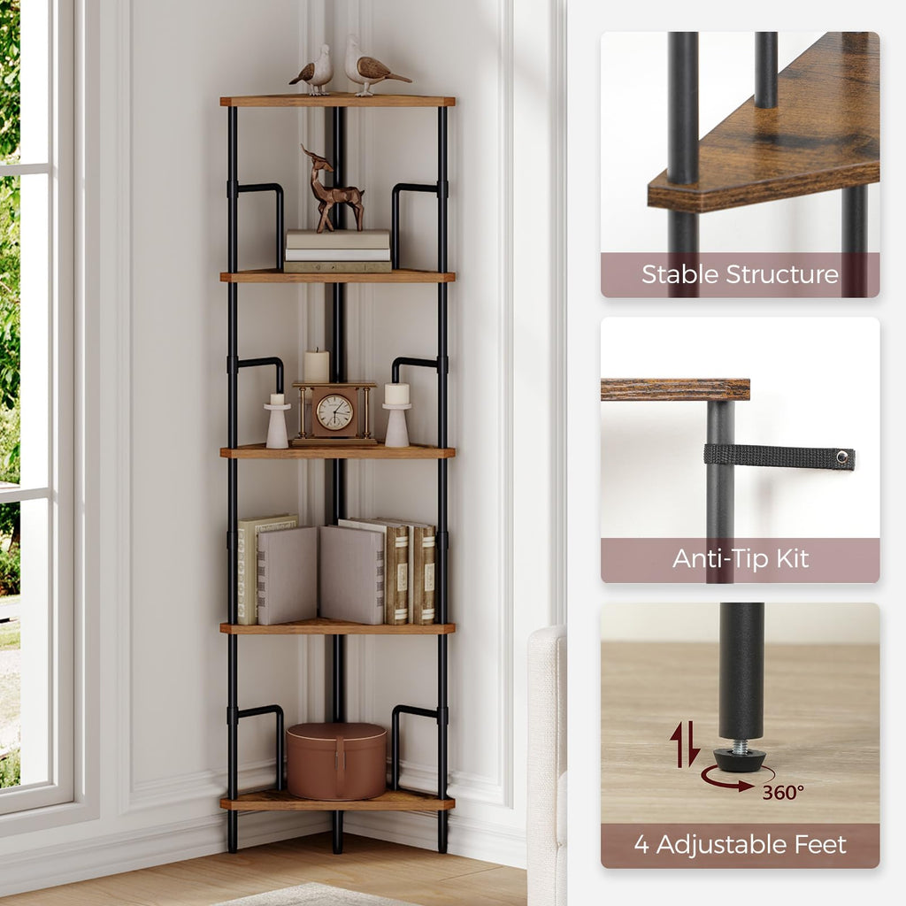 5-Tier Tall Corner Bookshelf with Metal Frame R3553