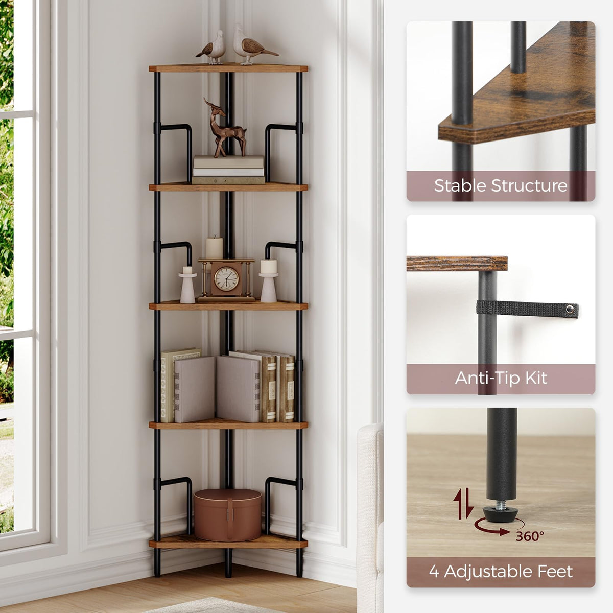 5-Tier Tall Corner Bookshelf with Metal Frame R3553
