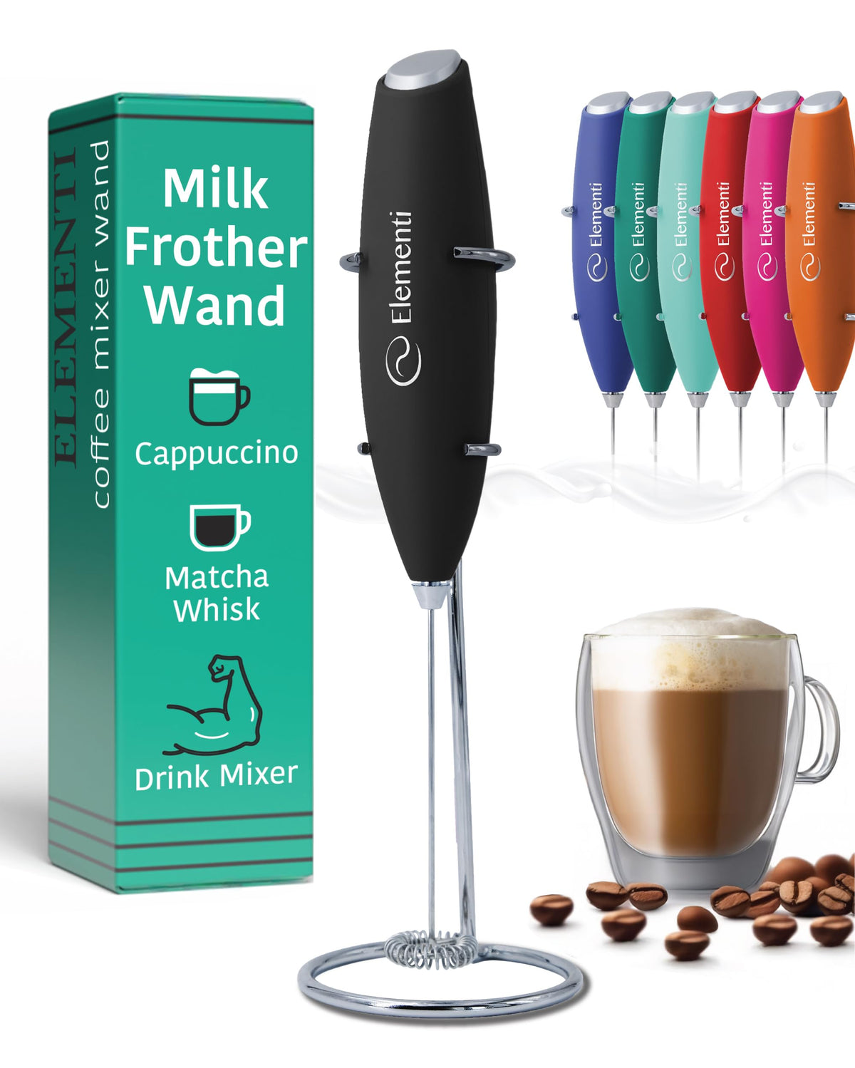 Black Handheld Milk Frother Wand with Stand C1480