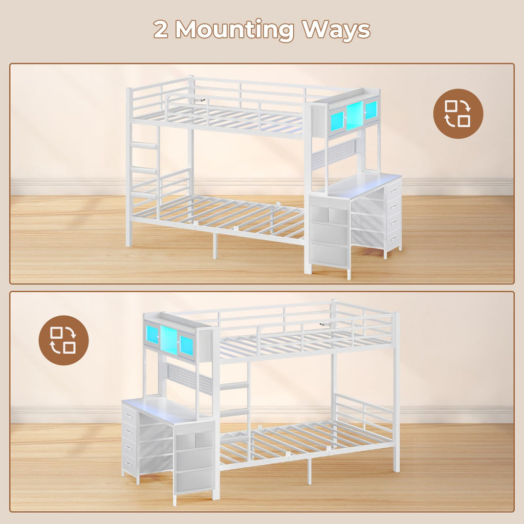 Twin Over Twin Bunk Bed with Desk & LED Light I665