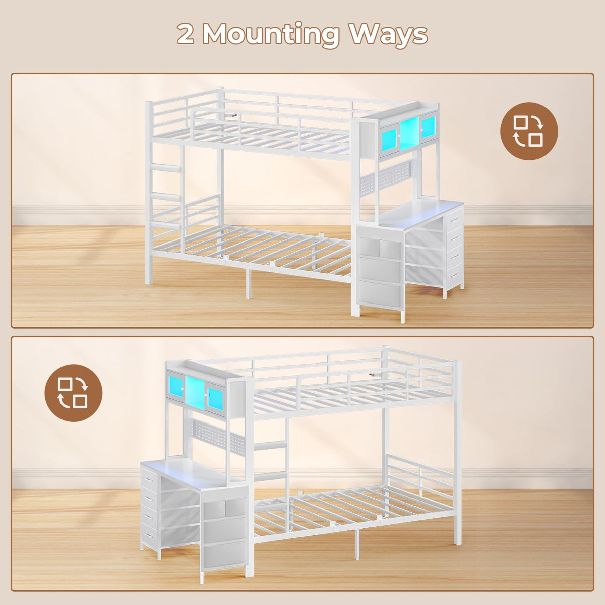 Twin Over Twin Bunk Bed with Desk & LED Light I665