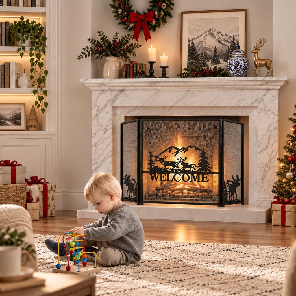 Foldable Fireplace Screen with Moose Pattern R32066