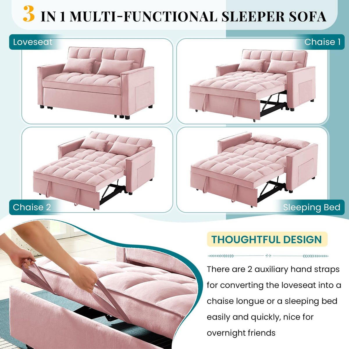 Pink Velvet Convertible Sleeper Sofa Bed V401