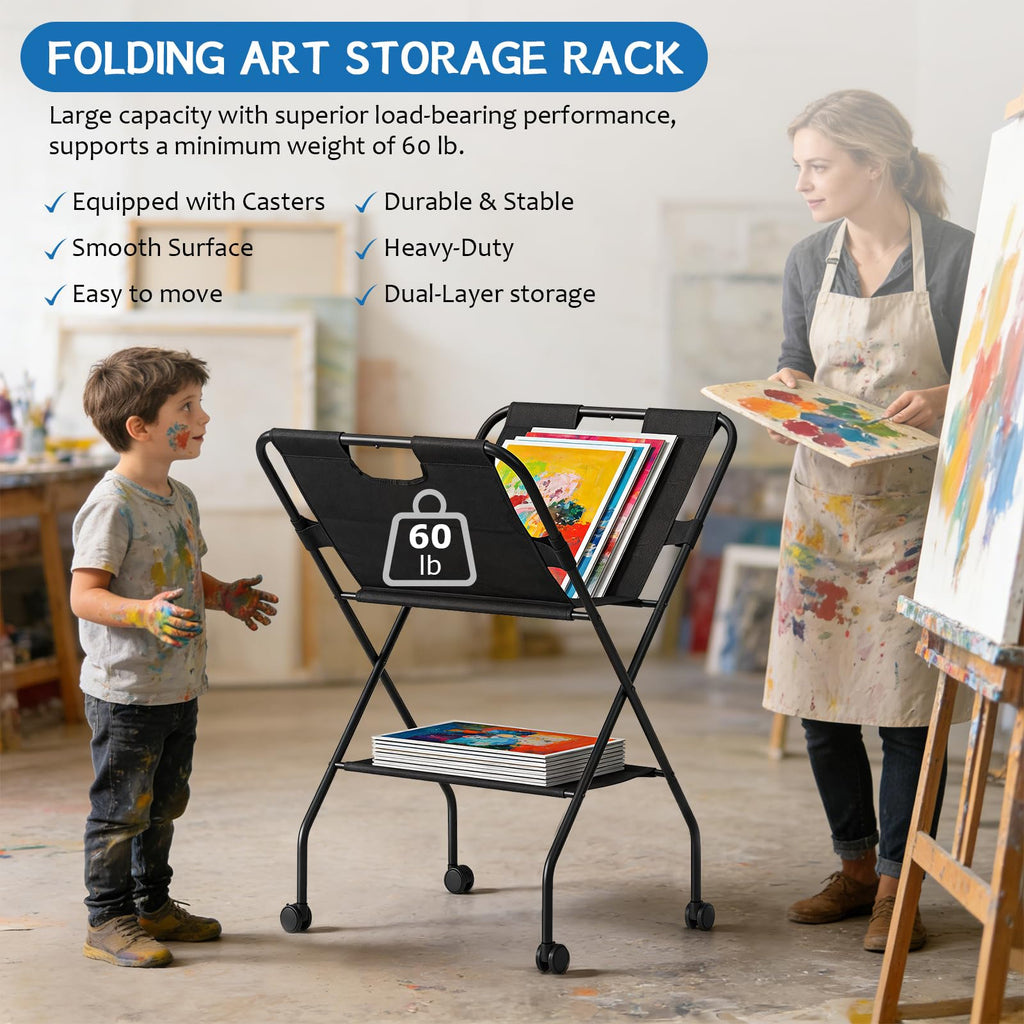 Folding Canvas Art Print Storage Rack with Caster Wheels T823