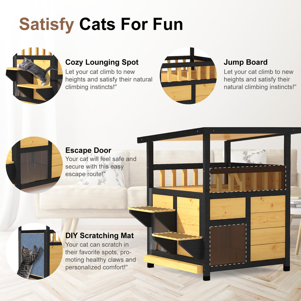 Weatherproof Two Story Outdoor Cat House with Escape Door A538946