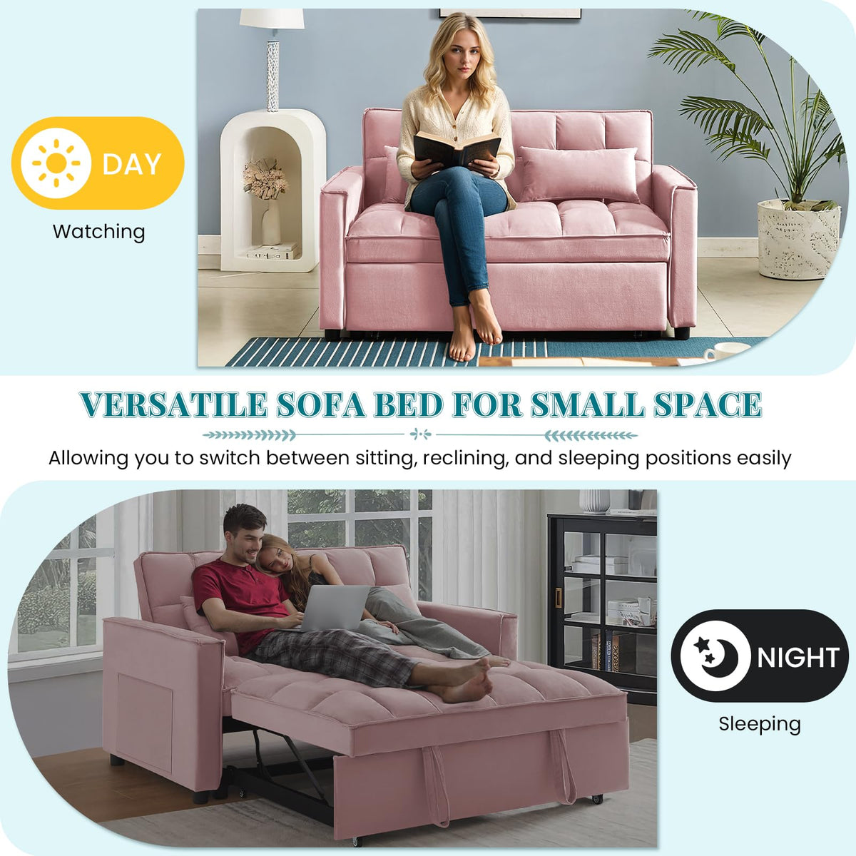 Pink Velvet Convertible Sleeper Sofa Bed V401