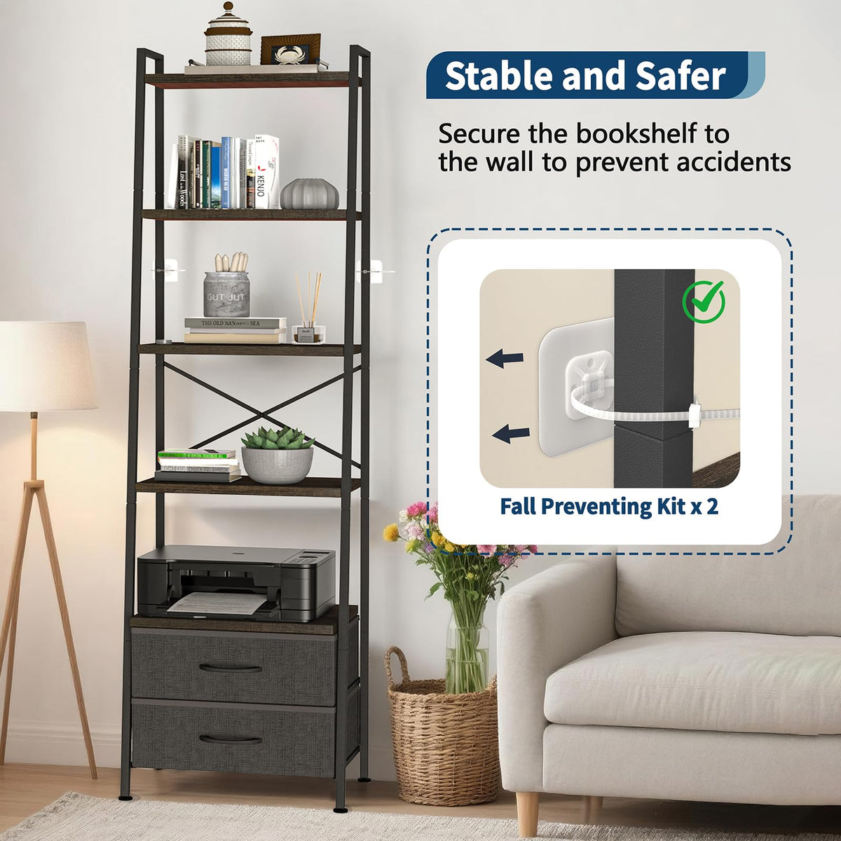 5-Tier Ladder Bookshelf with 2 Drawers Black N2055