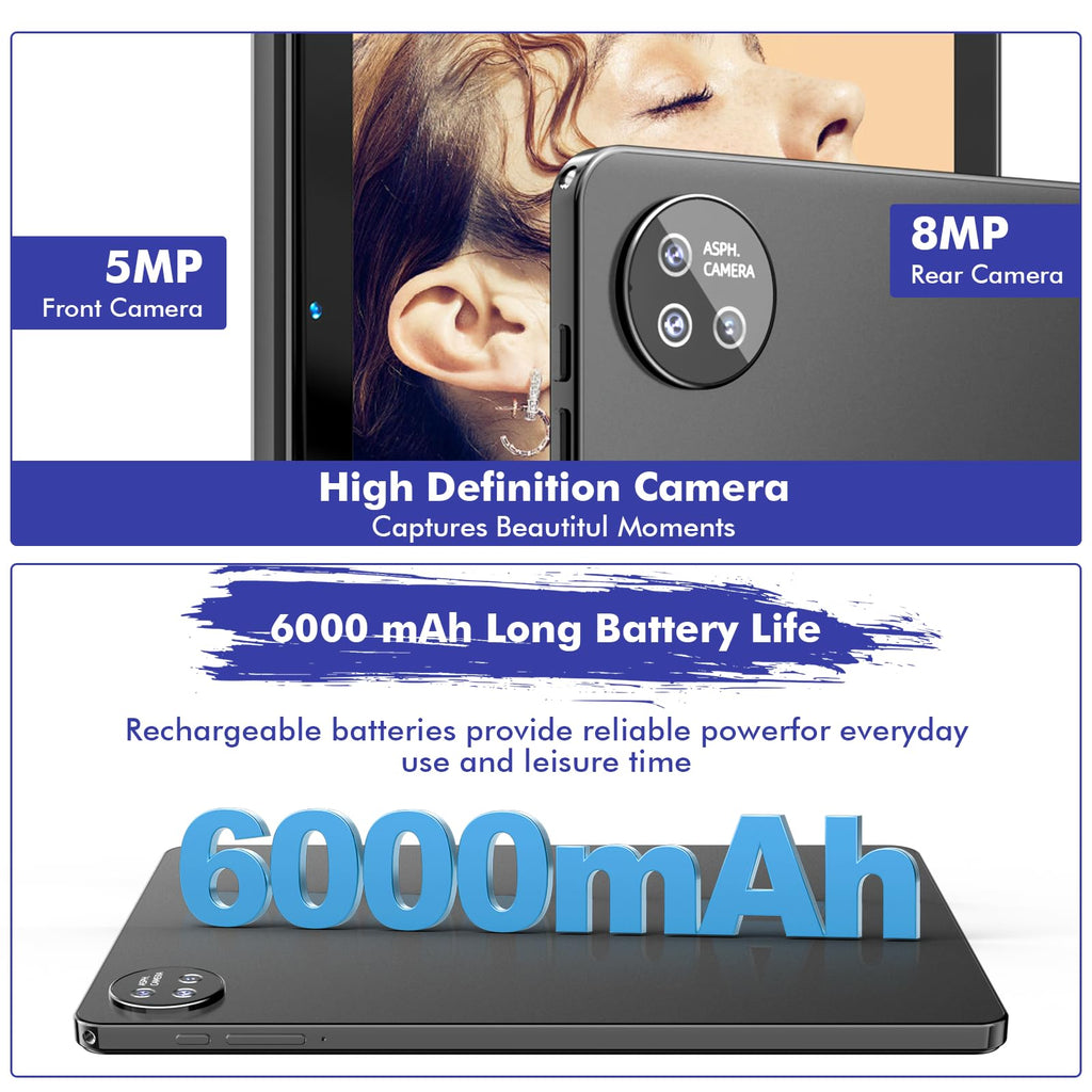 10.1 Inch Android 15 Tablet, 24GB RAM 128GB ROM, 1280 x 800 HD Display, 6000mAh Battery, 5MP+8MP Camera (Black) V157