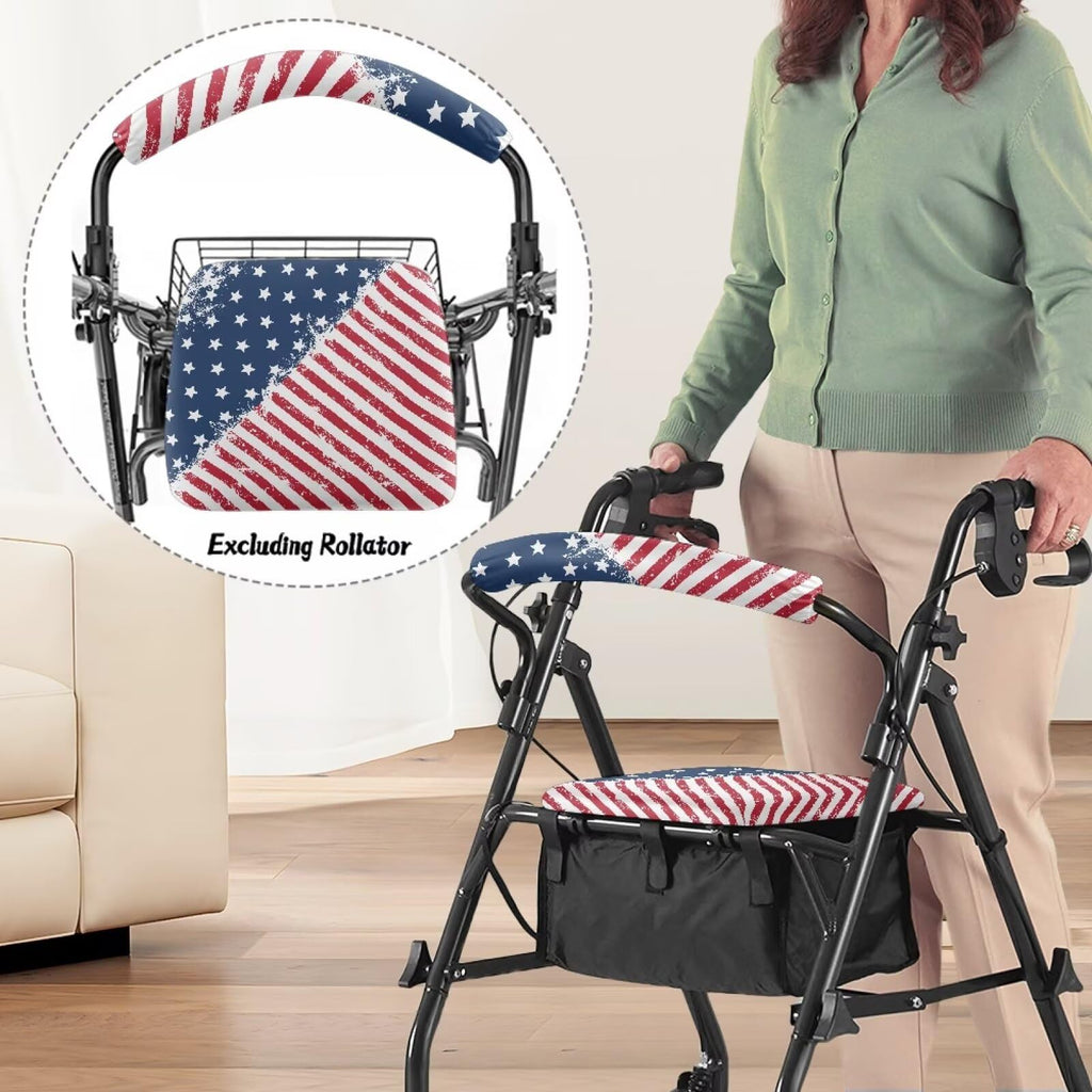 Blue White Star and Red Stripes Rollator Walker Seat and Backrest Covers T7441