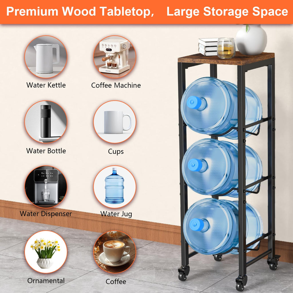 5 Gallon 3-Tier Water Bottle Holder with Lockable Casters Brown Z104