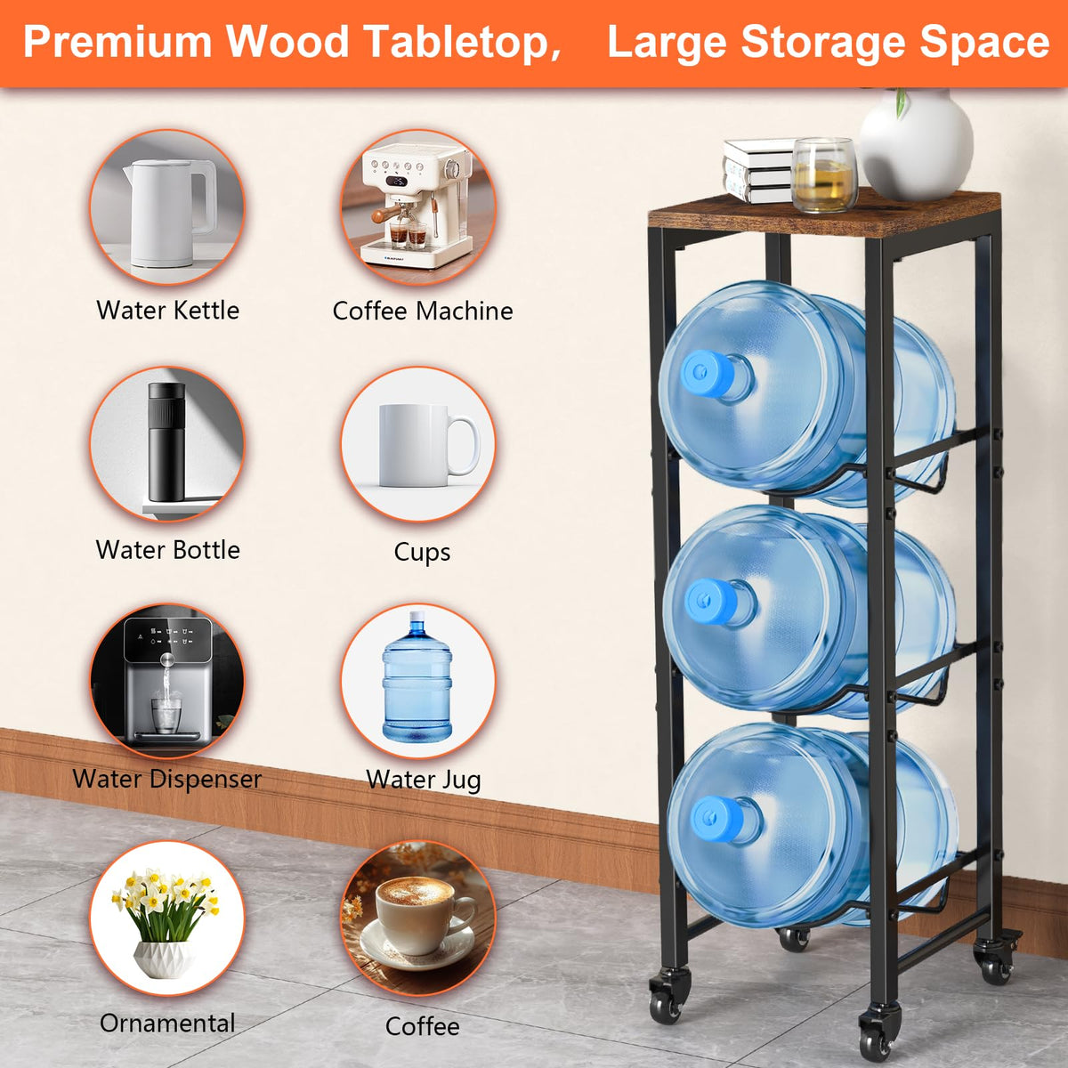 5 Gallon 3-Tier Water Bottle Holder with Lockable Casters Brown Z104