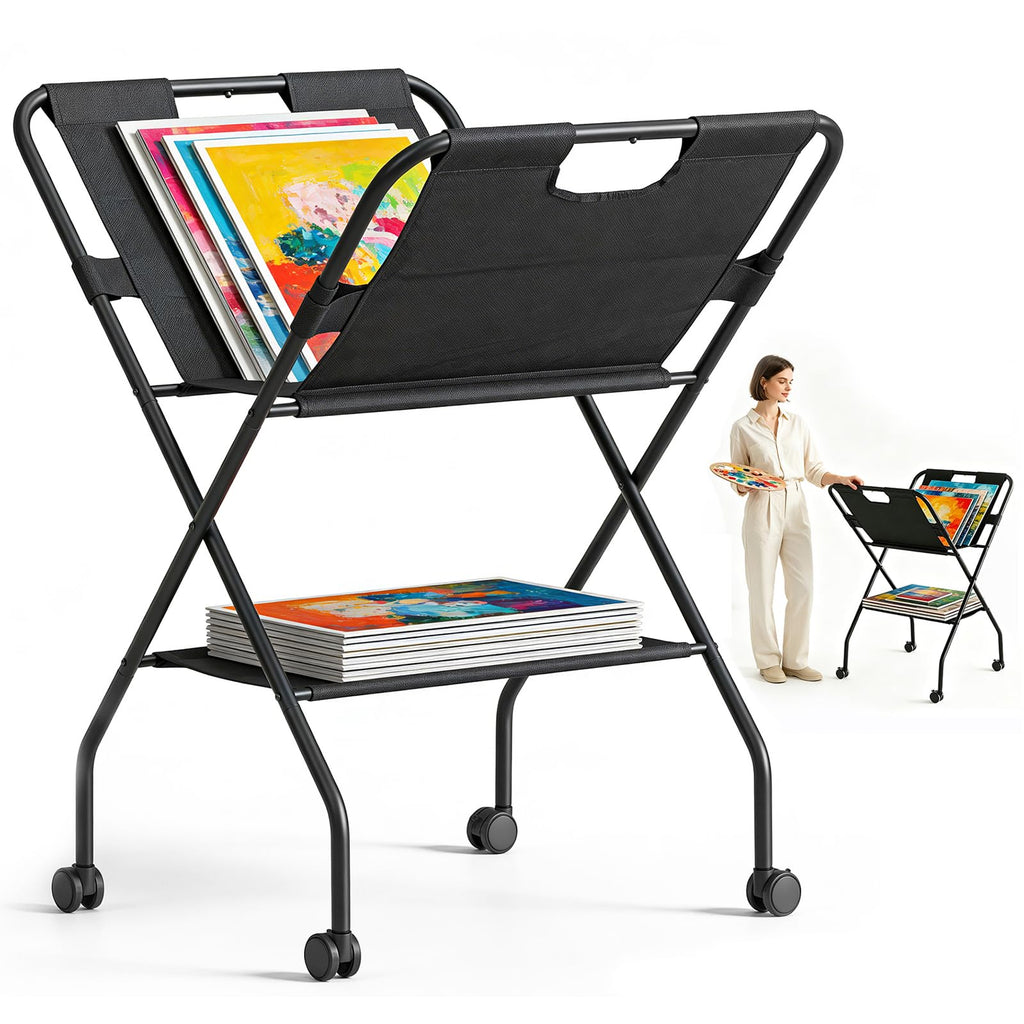 Folding Canvas Art Print Storage Rack with Caster Wheels T823