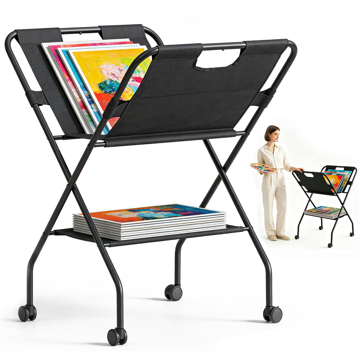 Folding Canvas Art Print Storage Rack with Caster Wheels T823