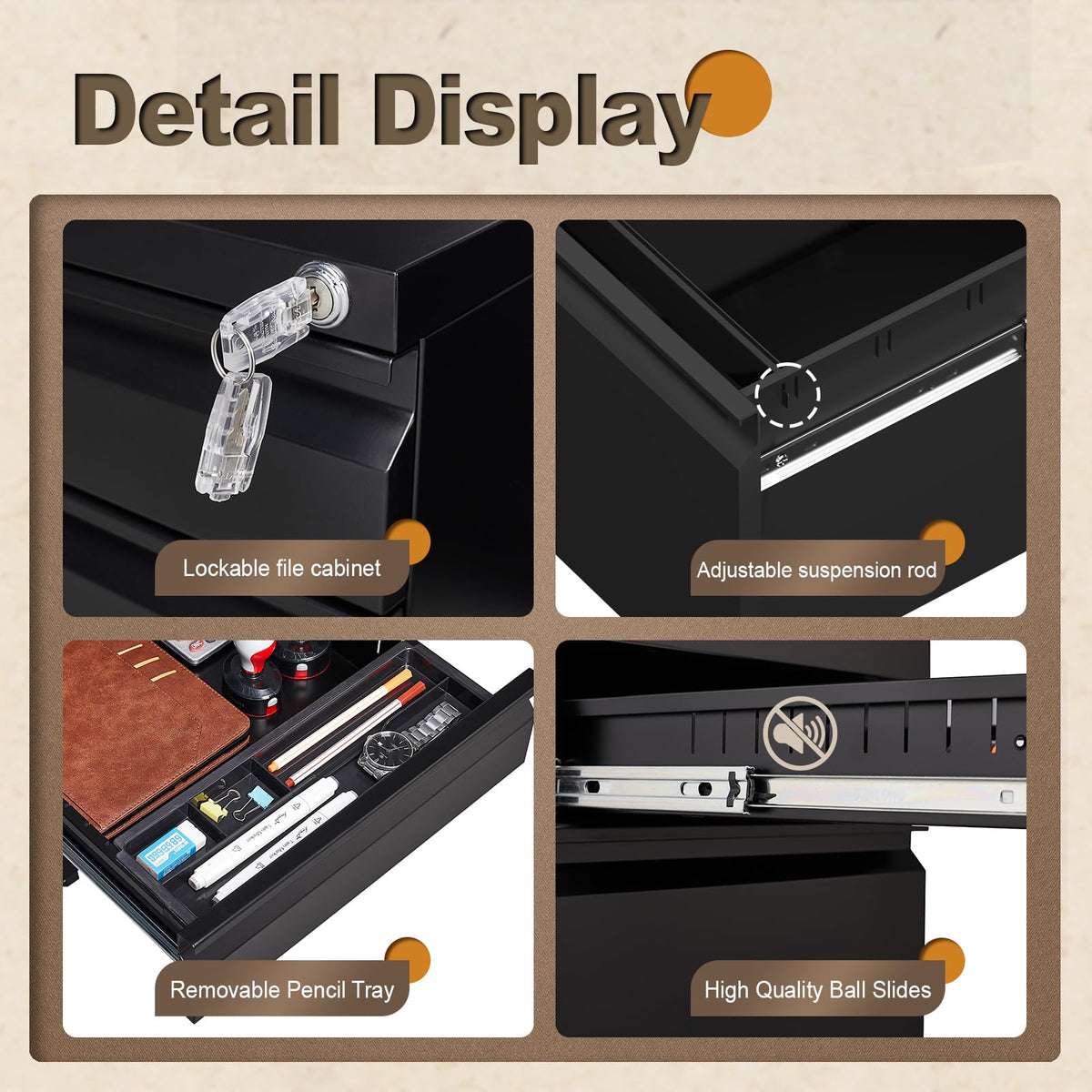 Black 3 Drawer Metal File Cabinet with Lock X35735