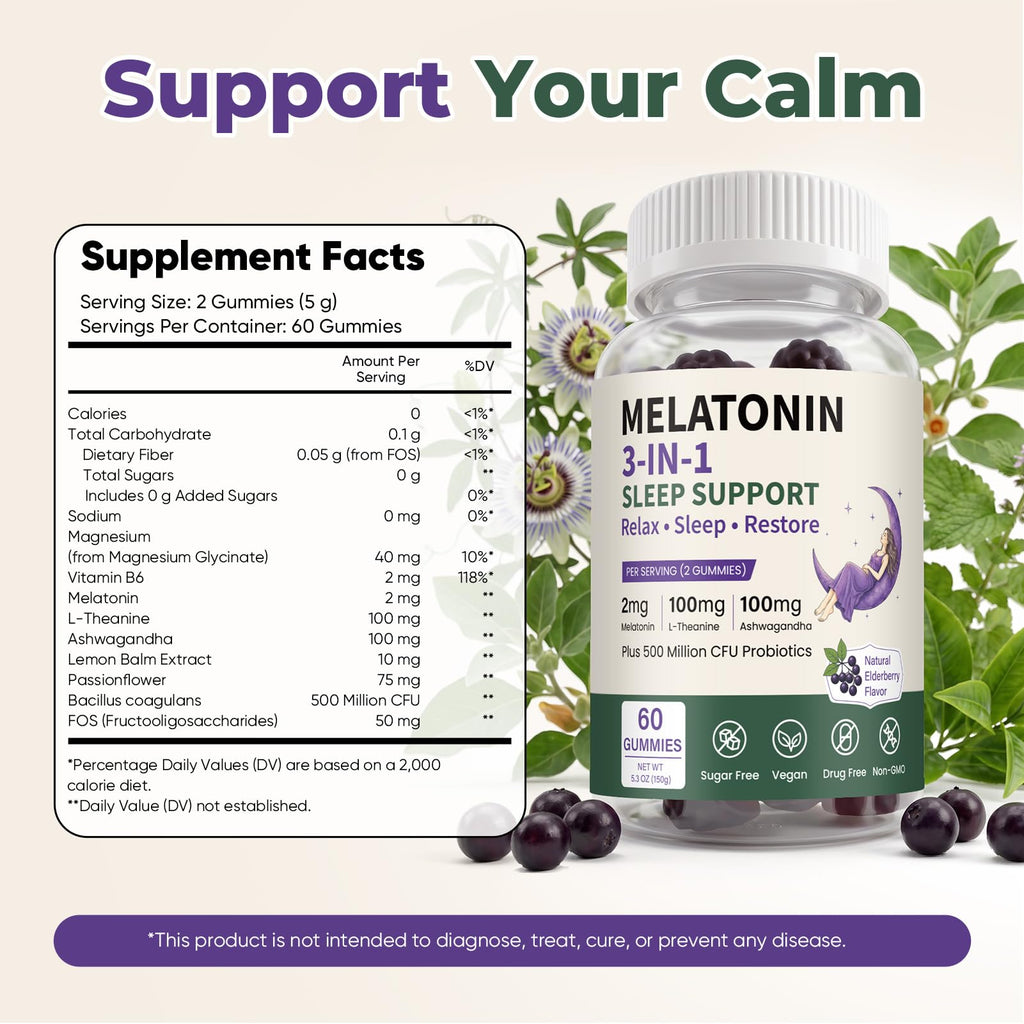 Melatonin Calm Sleep Gummies 2mg Elderberry Flavor 60*2 Bottles Q48623