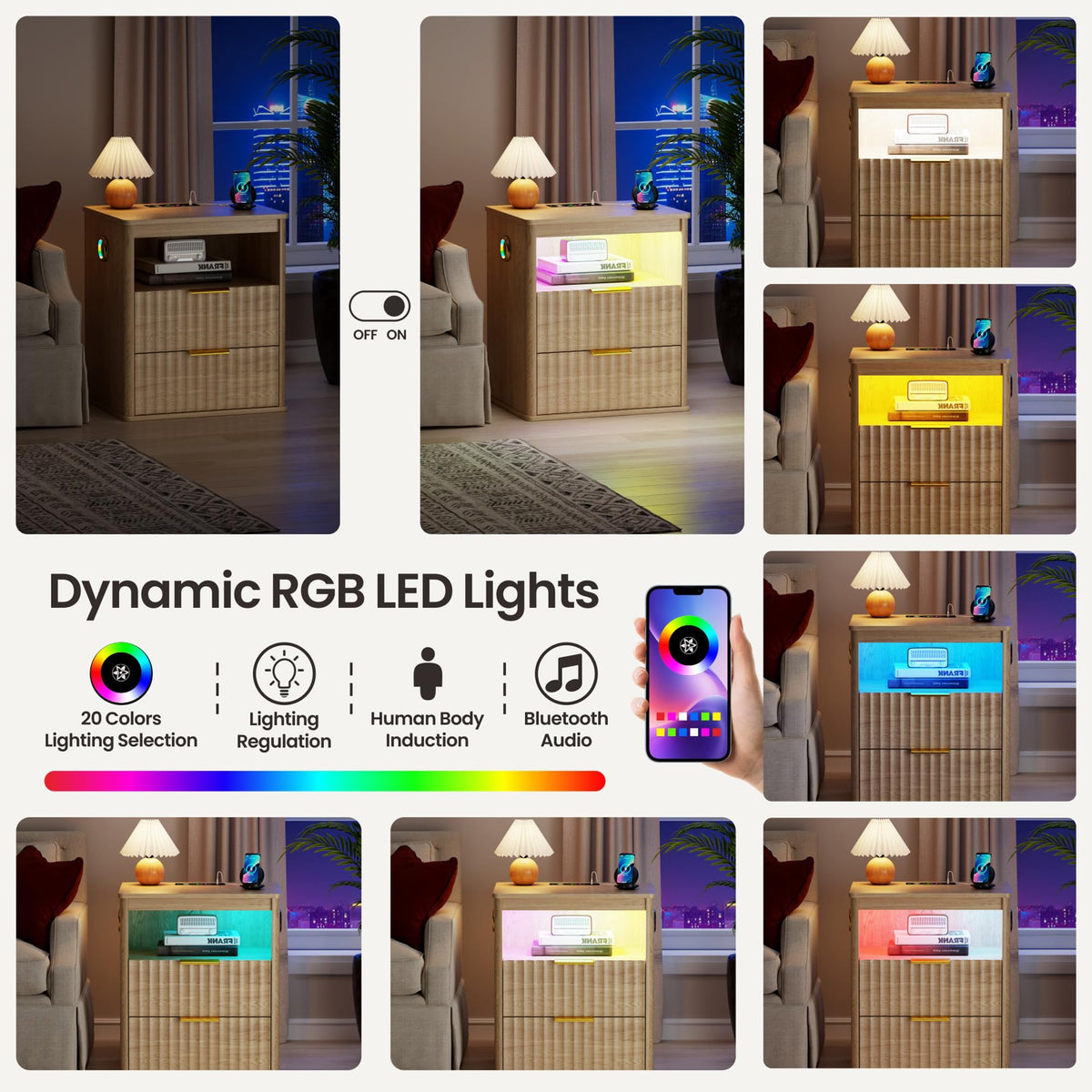 LED Nightstand with Charging Station and 2 Drawers D7139
