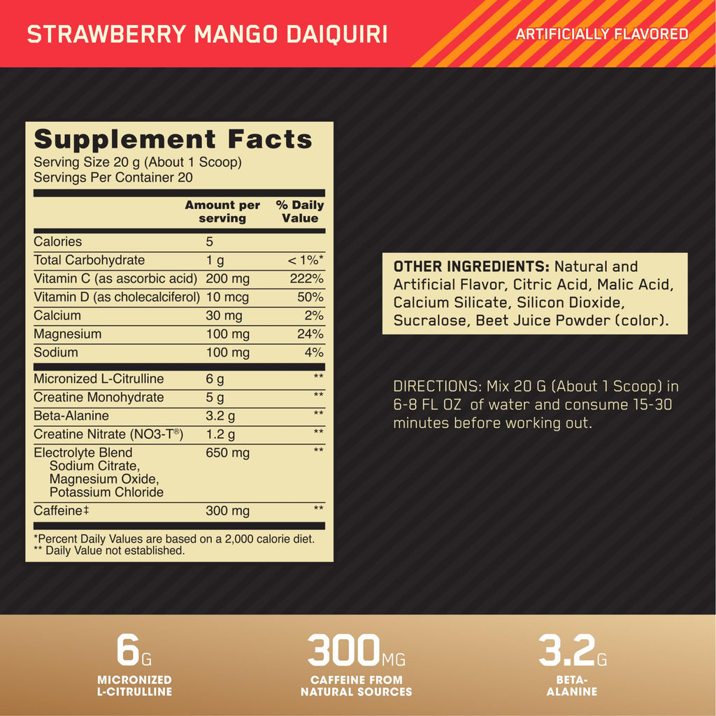 Pre Workout with Creatine Beta-Alanine L-Citrulline and Caffeine, Strawberry Mango Daiquiri, 20 Servings E367063