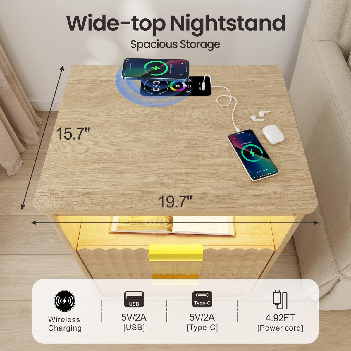 LED Nightstand with Charging Station and 2 Drawers D7139