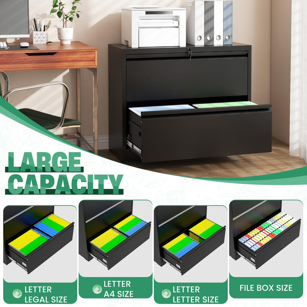 Black 2 Drawer Metal Lateral File Cabinet with Lock J52857