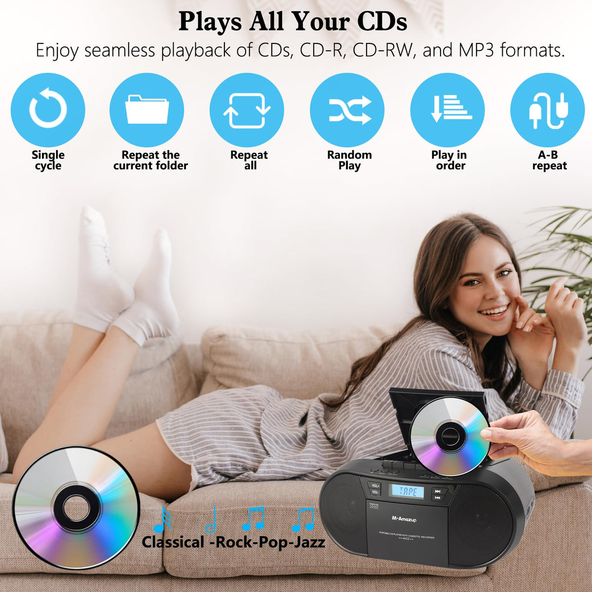 Portable CD Cassette Boombox with Bluetooth MP3 USB FM Radio P5930