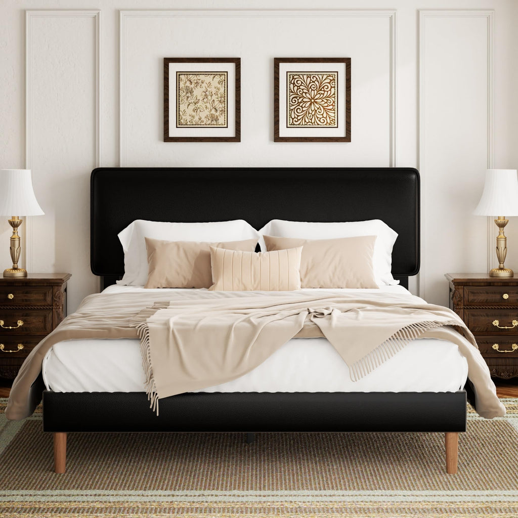 Black Full Size Upholstered Platform Bed Frame with Adjustable Headboard O59898
