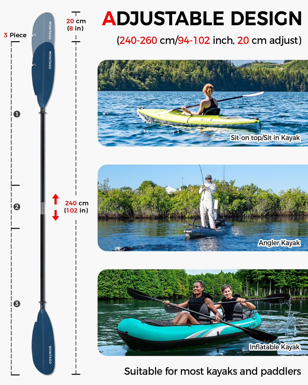 Adjustable Fiberglass Kayak Paddle W553750
