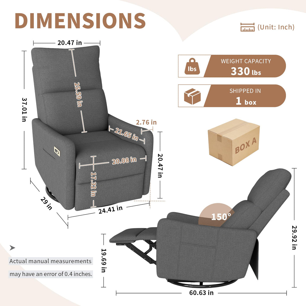 29" Electric Power Swivel Rocking Recliner Chair Dark Gray C425