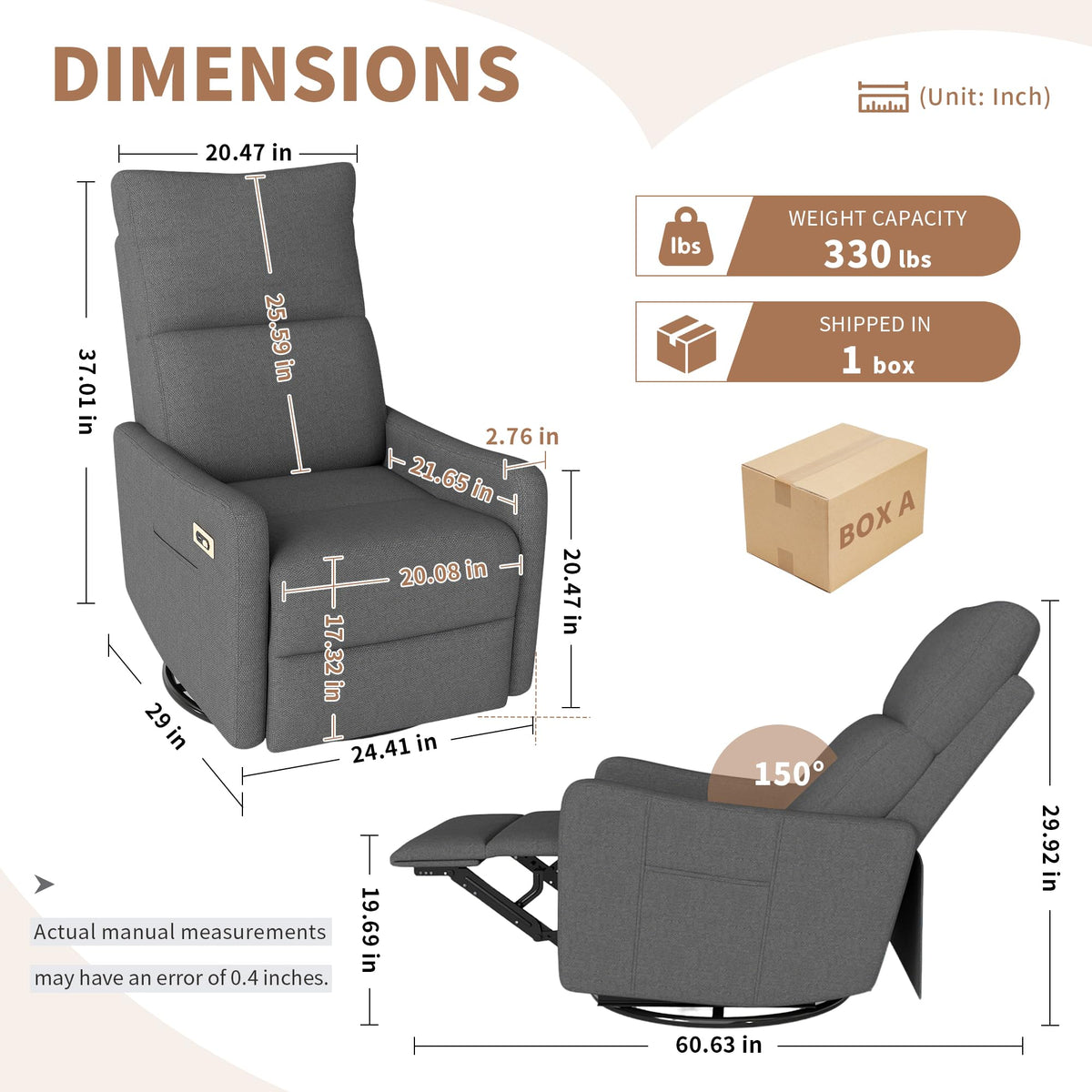 29" Electric Power Swivel Rocking Recliner Chair Dark Gray C425