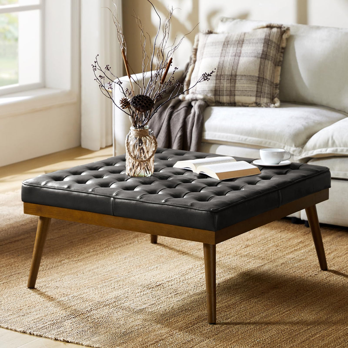 36" Genuine Leather Square Tufted Ottoman D12251