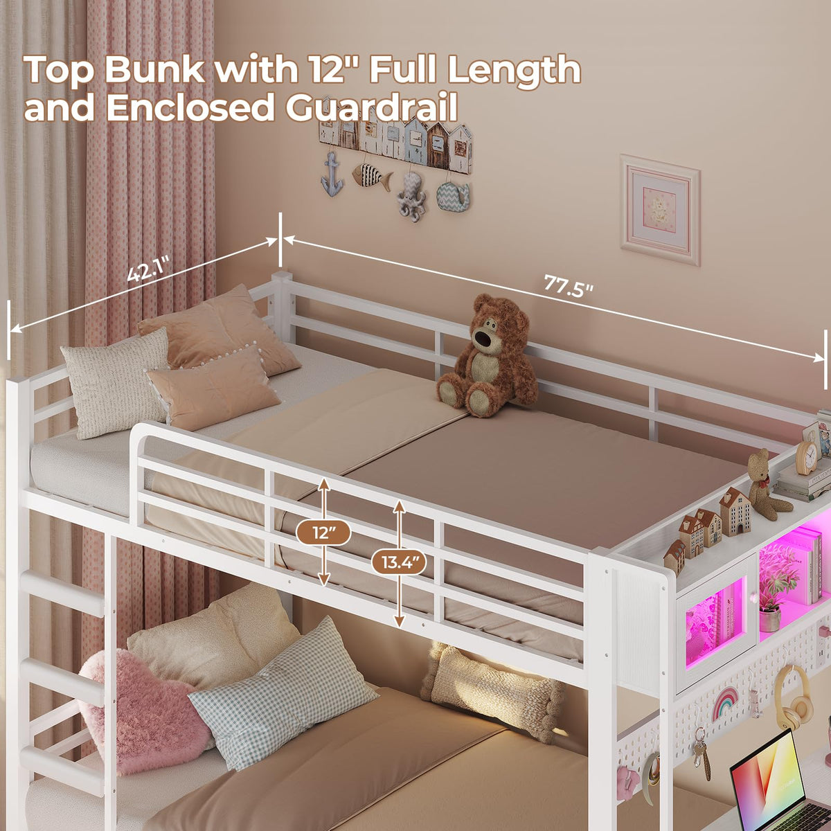 Twin Over Twin Bunk Bed with Desk & LED Light I665