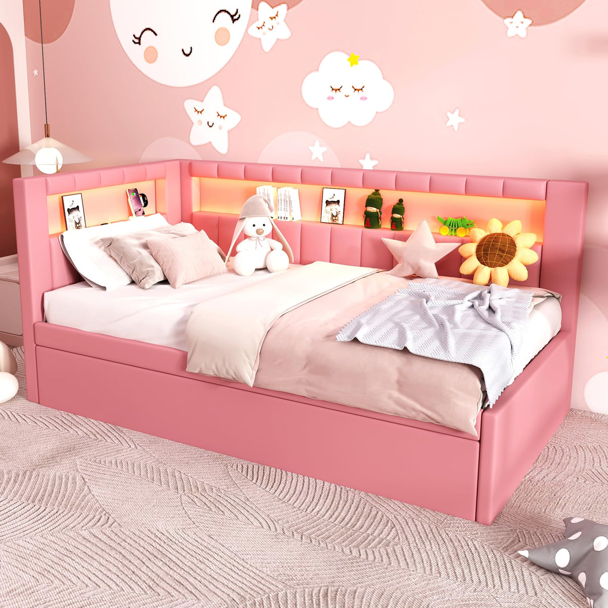 Twin Size L-Shaped Daybed with Trundle V12727