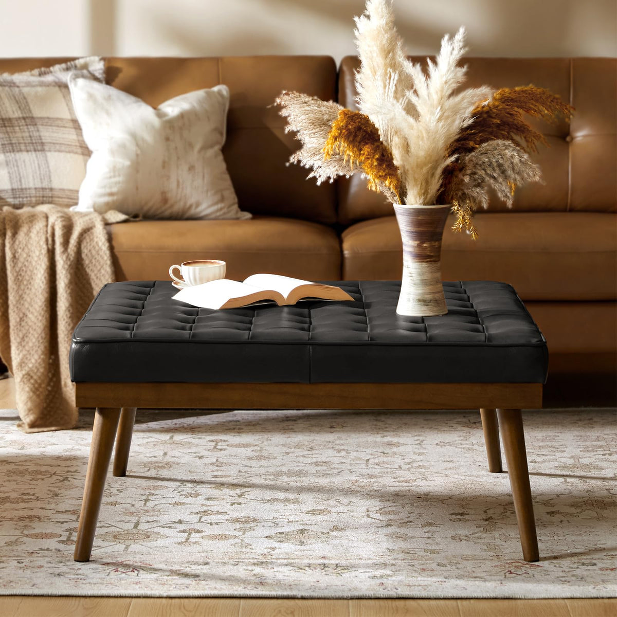 36" Genuine Leather Square Tufted Ottoman D12251