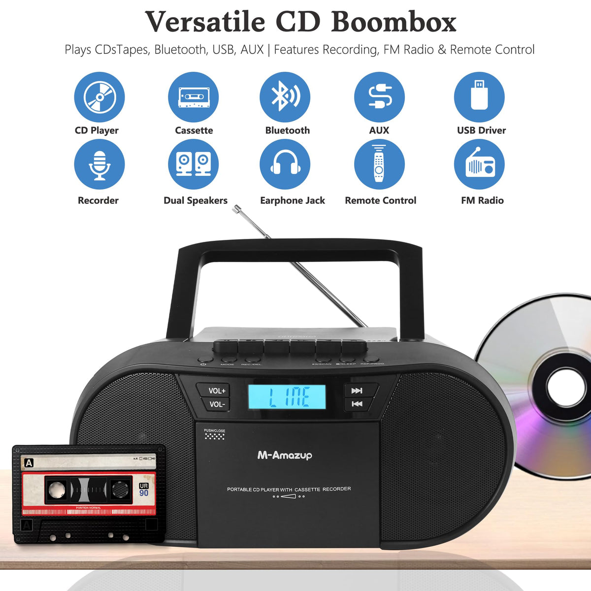 Portable CD Cassette Boombox with Bluetooth MP3 USB FM Radio P5930
